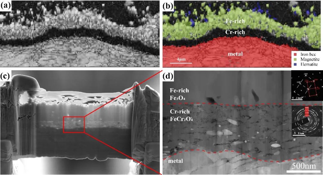Figure 5. Microstructure and phase distribution of cross-section oxide films on rough CLF-1 surfaces after 300 h HTS: (a) EBSD contrast; (b) EBSD phase map; (c) FIB cross-section; (d) dark-field TEM and SAED.
